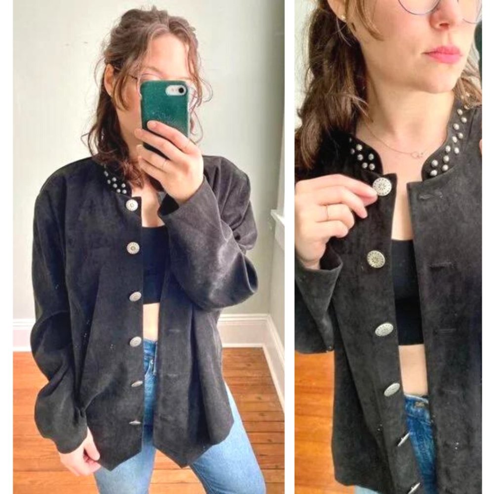 Vintage Suede Black Western Silver Oversized Shacket Button Down Jacket